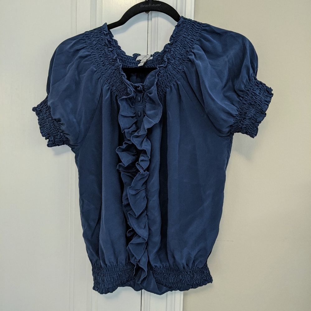 Joie Navy Silk Ruffles Blouse Sz XS